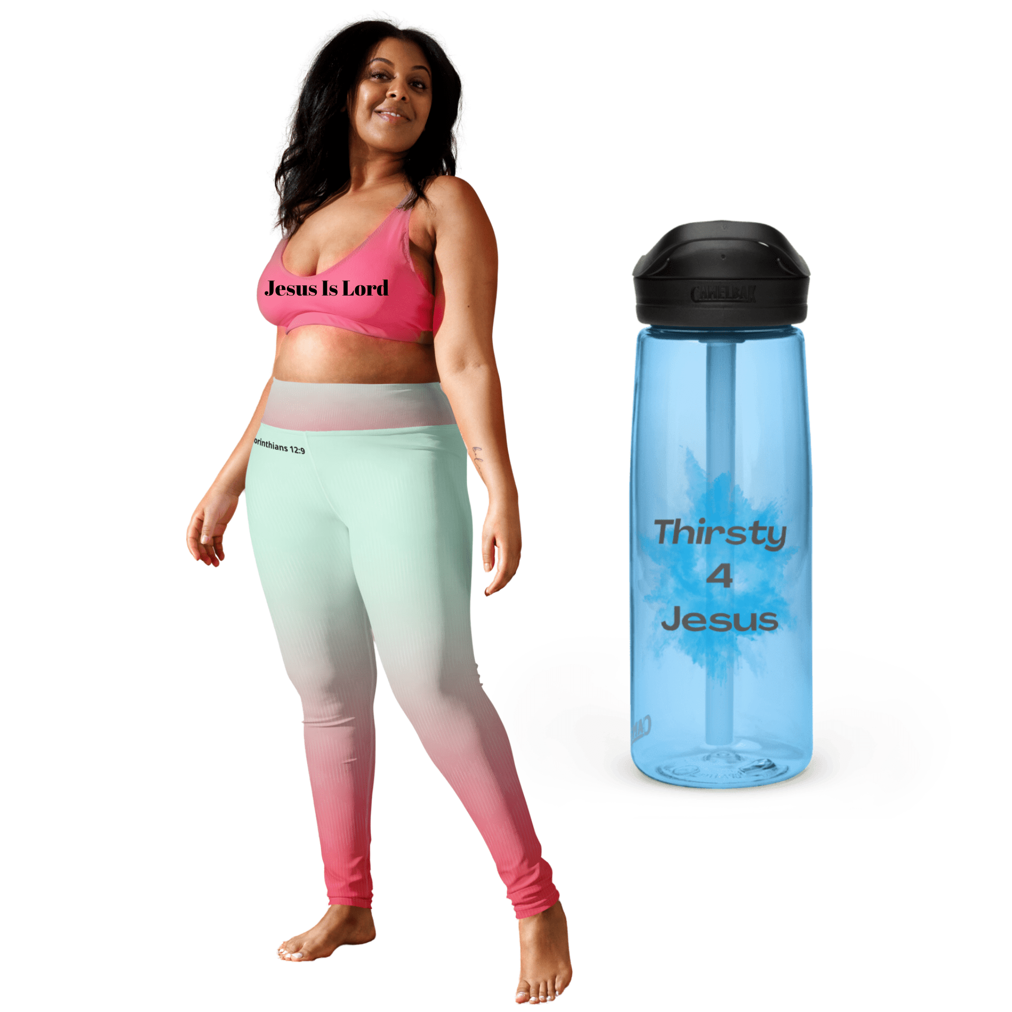 Young-Brunette-woman-wearing-gradient-pink-and-teal-leggings-standing-next-to-a-blue-Thirsty-For-Jesus -labeled-water-bottle