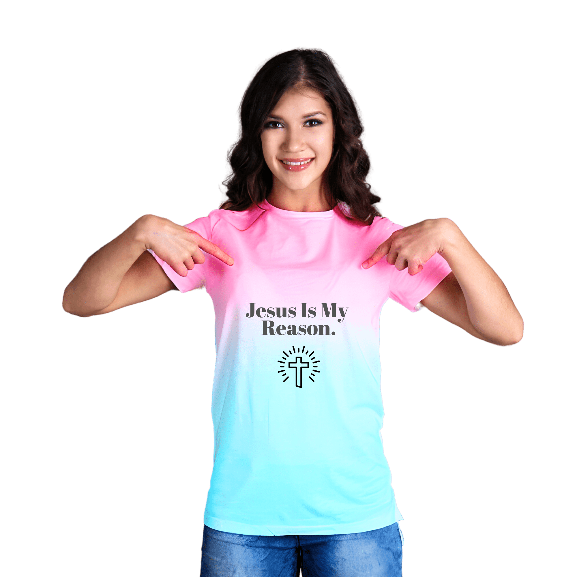 Young-brunette-woman-wearing-a-gradient-pink-and-teal-T-shirt-that-says-Jesus-Is-My-Reason