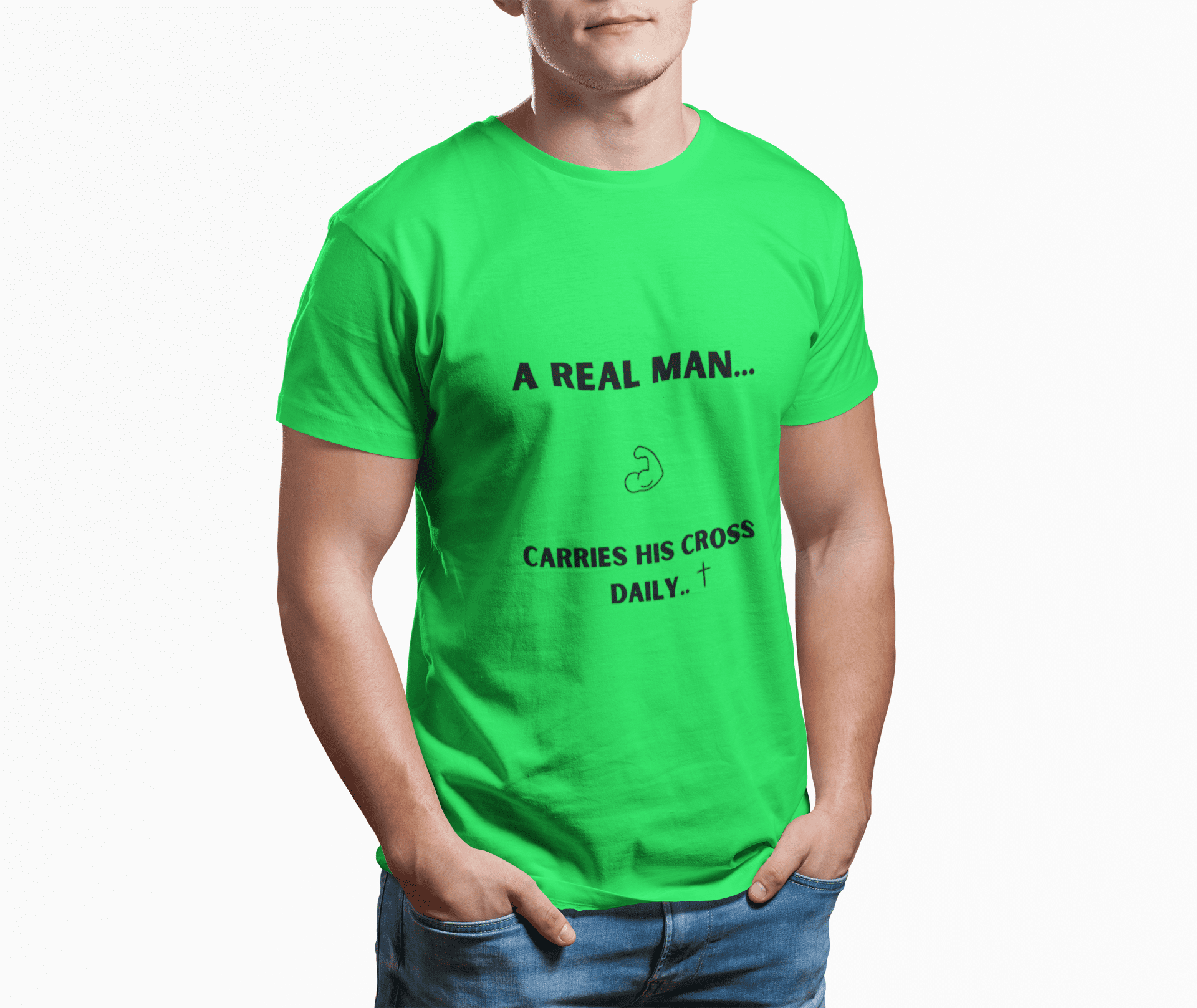 Man-wearing-a-green-cropped-face-t-shirt-that-says-A-Real-Man-Carries-His-Cross-Daily